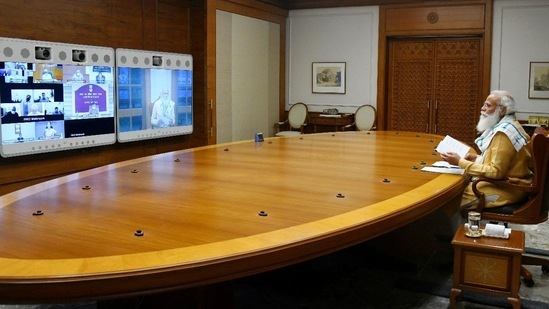 PM Modi in a Covid-19 review meeting with top officials on Saturday. (ANI Photo ) PM Modi in a Covid-19 review meeting with top officials on Saturday. (ANI Photo )