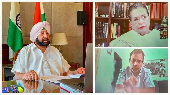 Congress interim president Sonia Gandhi, party leader Rahul Gandhi and Punjab CM Capt. Amarinder Singh during a virtual meeting on Covid-19 situation. (@capt_amarinder/Twitter Photo)