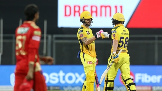 Faf du Plessis and Sam Curran of Chennai Super Kings celebrate after winning against Punjab Kings during match 8 of the Indian Premier League 2021, at the Wankhede Stadium Mumbai, Friday, April 16, 2021.(PTI)