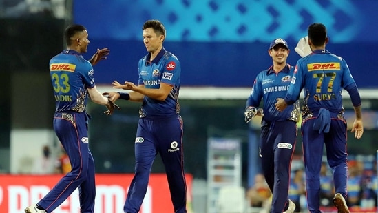 Trent Boult celebrates the wicket of Rashid Khan during match 9 of the Indian Premier League 2021 between Mumbai Indians and Sunrisers Hyderabad, at the M. A. Chidambaram Stadium in Chennai, (PTI Photo/Sportzpics for IPL)