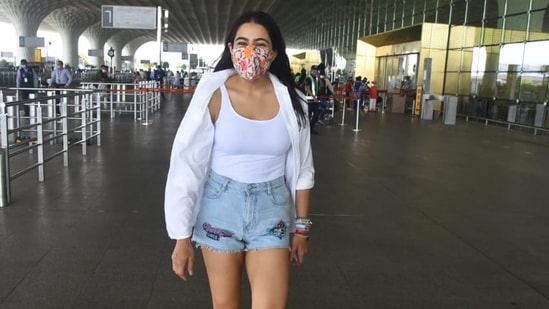 Sara wore embellished flats to complete her casual look, her adorable denim shorts even featured the Power Puff Girls on them.(Varinder Chawla)