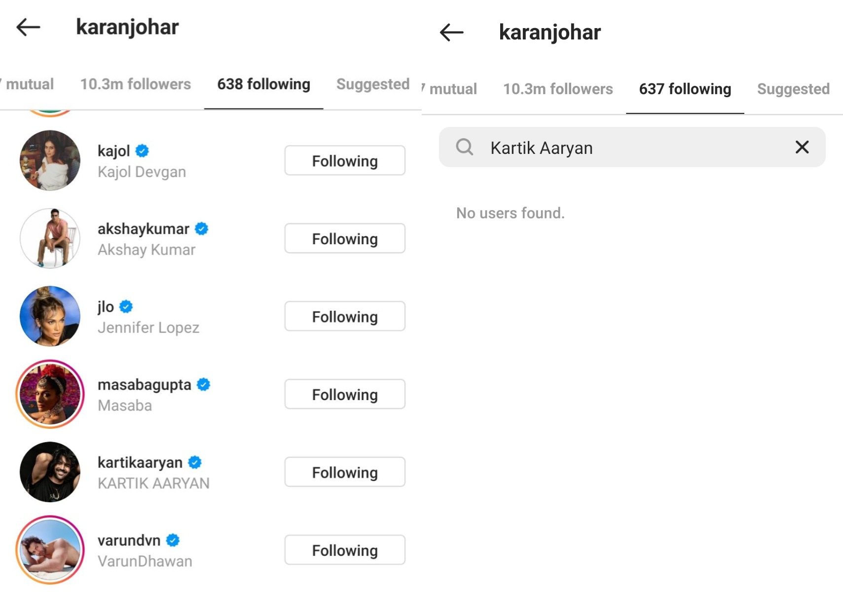 Karan Johar's Instagram following list. Karan Johar's Instagram following list.