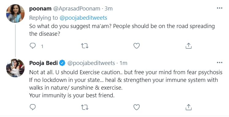 A screengrab of Pooja Bedi's tweet.