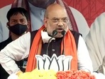 Union home minister Amit Shah addresses a public rally ahead of the sixth phase of West Bengal Assembly election at Ausgram in Purba Bardhaman on Saturday. (ANI Photo )