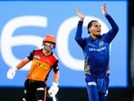 Rahul Chahar of Mumbai Indians celebrates a wicket during the match against SRH