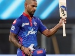 Shikhar Dhawan departs during the match between the Delhi Capitals and the Punjab Kings held at the Wankhede Stadium in Mumbai on Sunday. (ANI Photo/IPL Twitter) Shikhar Dhawan departs during the match between the Delhi Capitals and the Punjab Kings held at the Wankhede Stadium in Mumbai on Sunday. (ANI Photo/IPL Twitter)