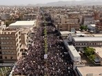 Discussions between Iran and Saudi Arabia also focused on Houthis. An aerial image provided by Houthi Media Center on March 26, 2021, shows supporters of Yemen's Huthi rebels attending a rally, to mark the sixth anniversary of the Saudi-led coalition's intervention in Yemen, in the capital Sanaa.(AFP/For Representative Purposes Only) Discussions between Iran and Saudi Arabia also focused on Houthis. An aerial image provided by Houthi Media Center on March 26, 2021, shows supporters of Yemen's Huthi rebels attending a rally, to mark the sixth anniversary of the Saudi-led coalition's intervention in Yemen, in the capital Sanaa.(AFP/For Representative Purposes Only)