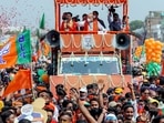 Union home minister Amit Shah during a roadshow at Bethuadahari in Nadia district on Sunday.(PTI)