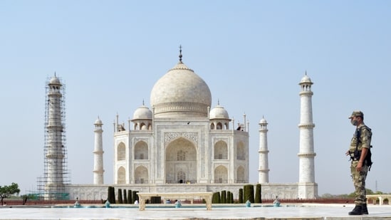 A deserted view of Taj Mahal due to the surge in COVID-19 cases, in Agra on Thursday. ((ANI Photo))