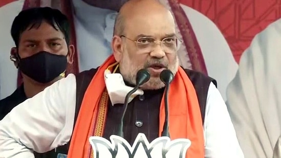 Union home minister Amit Shah addresses a public rally ahead of the sixth phase of West Bengal Assembly election at Ausgram in Purba Bardhaman on Saturday. (ANI Photo ) Union home minister Amit Shah addresses a public rally ahead of the sixth phase of West Bengal Assembly election at Ausgram in Purba Bardhaman on Saturday. (ANI Photo )