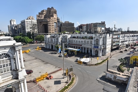 A deserted view of Connaught Place during weekend curfew imposed by the Delhi government to curb the spread of coronavirus disease, in New Delhi. ( Sanchit Khanna/ Hindustan Times)