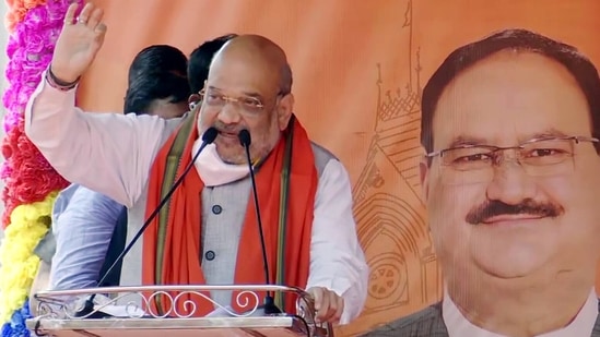 Union Home Minister Amit Shah addresses a public rally ahead of the sixth phase of West Bengal Assembly election, in East Bardhaman on Sunday. (ANI Photo)