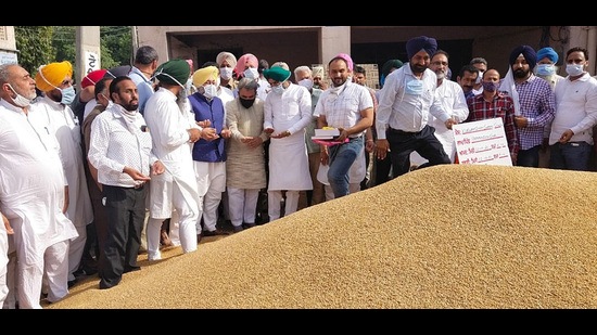 Punjab cabinet minister Bharat Bhushan Ashu launching wheat procurement at the Khanna grain market. (HT file) Punjab cabinet minister Bharat Bhushan Ashu launching wheat procurement at the Khanna grain market. (HT file)