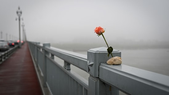 A flower placed on the Nanjing Bridge, in Jiangsu province, on April 2. "In the past, I didn't have the ability to protect myself, and the people I wasn't able to save returned to haunt my dreams." Now, when someone jumps, he turns away.(Wang Zhao / AFP)