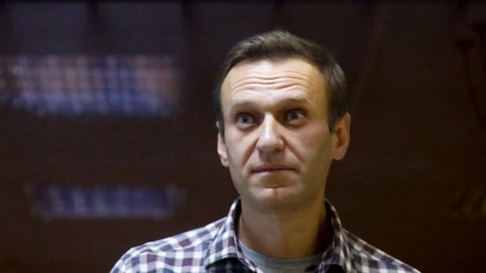 Russian opposition leader Alexei Navalny stands in a cage in the Babuskinsky District Court in Moscow, Russia.(AP)