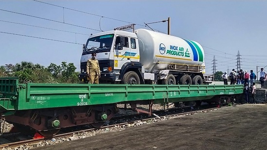 'Oxygen Express Train' being used through green corridors to trasnport Liquid Medical Oxygen (LMO) and 0xygen cylinder, required for treatment of Covid-19 patients. (PTI)
