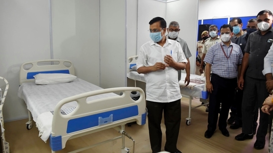 Delhi chief minister Arvind Kejriwal inspects a Covid care centre inside the CWG village, in New Delhi on Sunday. (PTI Photo) Delhi chief minister Arvind Kejriwal inspects a Covid care centre inside the CWG village, in New Delhi on Sunday. (PTI Photo)