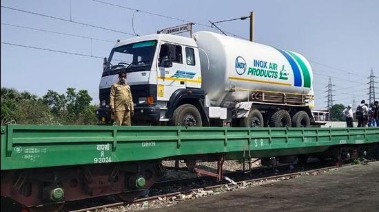 The oxygen tankers that will be loaded on the rakes for distribution to states facing a shortage amid the second wave of the Covid-19 pandemic. (MINISTRY OF RAILWAYS.)