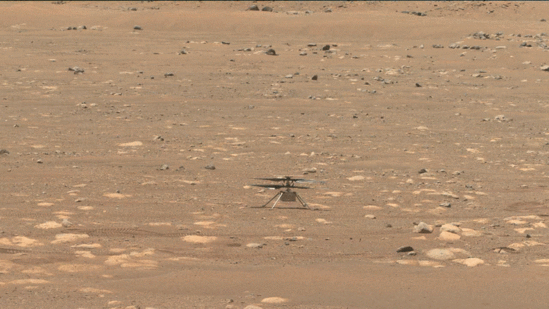 Nasa’s Ingenuity helicopter does a slow spin test of its blades, on April 8, 2021.(Nasa/JPL-Caltech)