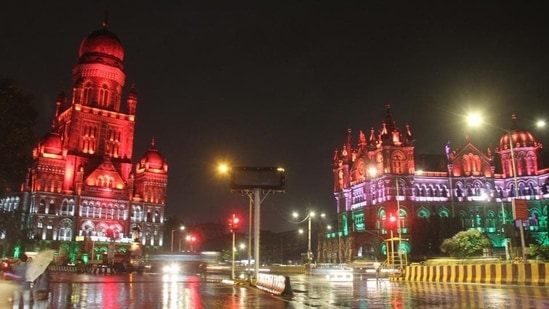 Chhatrapati Shivaji Maharaj Terminus and BMC headquarters illuminated in colours of the national flag. (Bhushan Koyande/HT Photo)