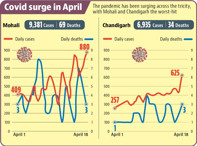 As many as 6,211 and 3,625 cases remain active in Mohali and Chandigarh, respectively As many as 6,211 and 3,625 cases remain active in Mohali and Chandigarh, respectively