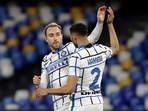 Inter Milan's Christian Eriksen celebrates scoring their first goal with teammate