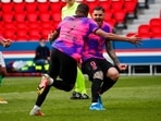PSG's Kylian Mbappe celebrates with teammate Mauro Icardi