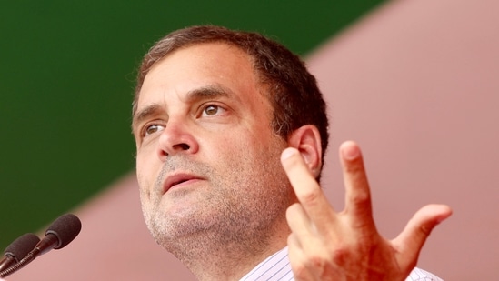 Congress leader Rahul Gandhi addresses a public meeting, at Lodhan School ground in Goalpokhar on Wednesday. (ANI Photo) Congress leader Rahul Gandhi addresses a public meeting, at Lodhan School ground in Goalpokhar on Wednesday. (ANI Photo)