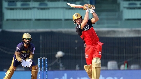 AB de Villiers of Royal Challengers Bangalore plays a shot during match 10 of the IPL 2021 against Kolkata Knight Riders(PTI)