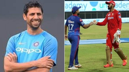 Former Indian pacer Ashish Nehra (L); KL Rahul and Rishabh Pant (R) (HT Collage)