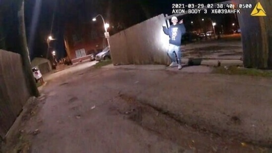 This image from Chicago Police Department body cam video shows the moment before Chicago Police officer Eric Stillman fatally shot Adam Toledo, 13, in Chicago. (Chicago Police Department via AP) (AP)