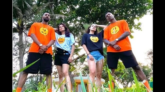 The image shows Hardik Pandya, Natasa Stankovic, Krunal Pandya and wife Pankhuri Sharma. (Instagram/@hardikpandya93) The image shows Hardik Pandya, Natasa Stankovic, Krunal Pandya and wife Pankhuri Sharma. (Instagram/@hardikpandya93)