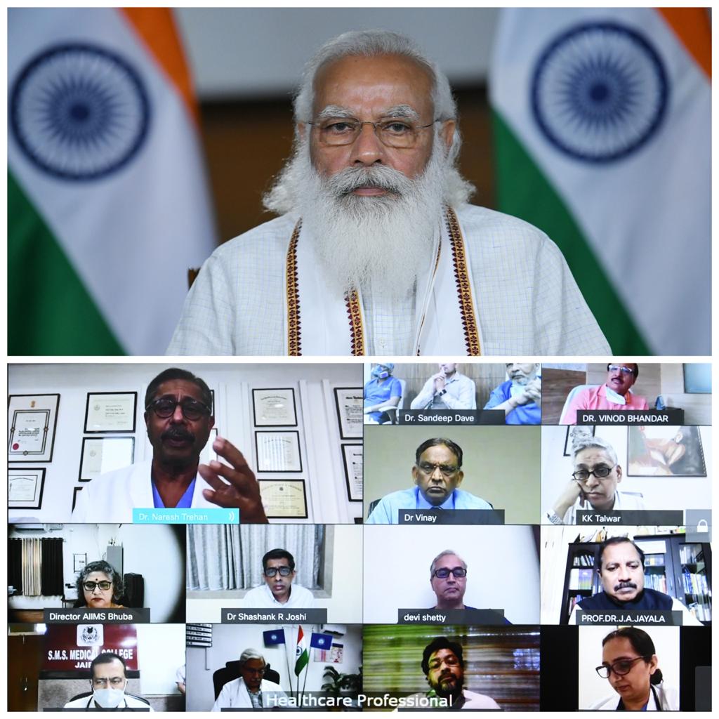 PM Modi holding a meeting with top doctors over current pandemic situation in India. (PMO) PM Modi holding a meeting with top doctors over current pandemic situation in India. (PMO)