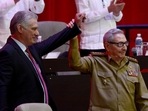 Raul Castro (right) with Miguel Diaz-Canel, the newly appointed Communist Party chief, at the Convention Palace in Havana.