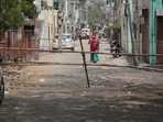 Bamboo poles placed as barricading to keep people inside an area declared a Covid-19 containment zone at Malviya Nagar, in Jaipur, Rajasthan.