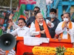 South Dinajpur: Union Home Minister and BJP leader Amit Shah during a roadshow in support of party candidates for the West Bengal Assembly Polls at Balurghat in South Dinajpur district, Monday, April 19, 2021. (PTI)