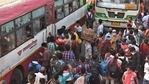 A huge rush of migrant workers at Anand Vihar Bus Terminus hours before the week-long lockdown, in Ghaziabad, India, on Monday, April 19, 2021. (Raj K Raj / HT PHOTO) A huge rush of migrant workers at Anand Vihar Bus Terminus hours before the week-long lockdown, in Ghaziabad, India, on Monday, April 19, 2021. (Raj K Raj / HT PHOTO)