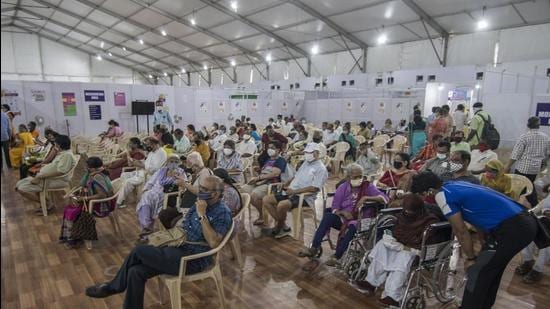A view from inside the vaccination centre at BKC, in Mumbai on Monday, April 19. (Pratik Chorge/HT Photo) A view from inside the vaccination centre at BKC, in Mumbai on Monday, April 19. (Pratik Chorge/HT Photo)