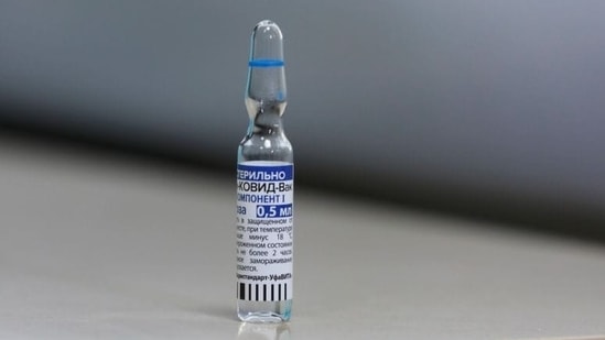 A vial with Russia's Sputnik V coronavirus disease (Covid-19) vaccine is seen before being administered.(Reuters)