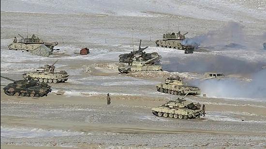 An undated hand-out file photograph released by the Indian Army on February 16, 2021 shows People Liberation Army (PLA) tanks in action during military disengagement along the Line of Actual Control (LAC) at the India-China border in Ladakh. (AFP/FILE)