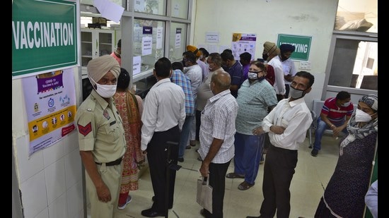 Residents outside the vaccination counter at civil surgeon’s office in Ludhiana on Tuesday. (Gurpreet Singh/HT) Residents outside the vaccination counter at civil surgeon’s office in Ludhiana on Tuesday. (Gurpreet Singh/HT)