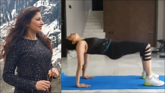 Bhagyashree’s reverse table top workout will brush aside your Tuesday blues(Instagram/bhagyashree.online)