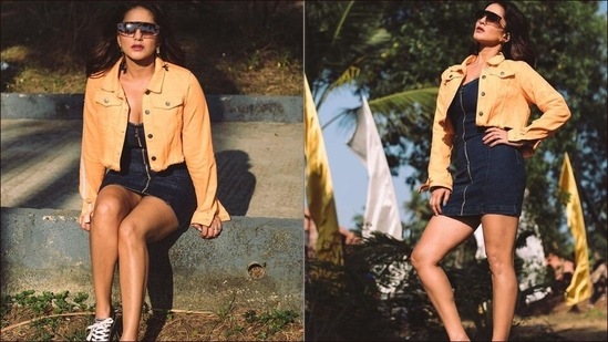 Sunny Leone amps hotness quotient in denim zipper mini, neon-orange crop jacket(Instagram/sunnyleone)