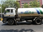 A truck transporting oxygen at Vashi in Navi Mumbai. 