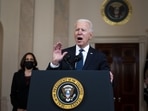 US President Joe Biden speaks in the Cross Hall of the White House in Washington on Tuesday.