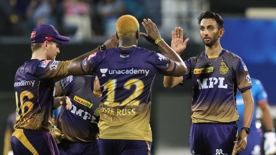Andre Russell of Kolkata Knight Riders celebrates the wicket of Kieron Pollard of Mumbai Indians during the match between the Kolkata Knight Riders and the Mumbai Indians at the M. A. Chidambaram Stadium in Chennai on Tuesday. (ANI Photo/ IPL Twitter) Andre Russell of Kolkata Knight Riders celebrates the wicket of Kieron Pollard of Mumbai Indians during the match between the Kolkata Knight Riders and the Mumbai Indians at the M. A. Chidambaram Stadium in Chennai on Tuesday. (ANI Photo/ IPL Twitter)