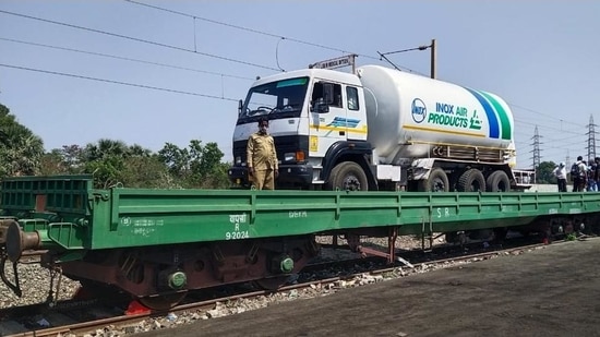 On Monday, the first “Oxygen Express” that is operating via a green corridor, left for Visakhapatnam with seven empty tankers to collect liquid oxygen for transportation to Maharashtra. (Photo: Twitter/Ministry of Railways) On Monday, the first “Oxygen Express” that is operating via a green corridor, left for Visakhapatnam with seven empty tankers to collect liquid oxygen for transportation to Maharashtra. (Photo: Twitter/Ministry of Railways)