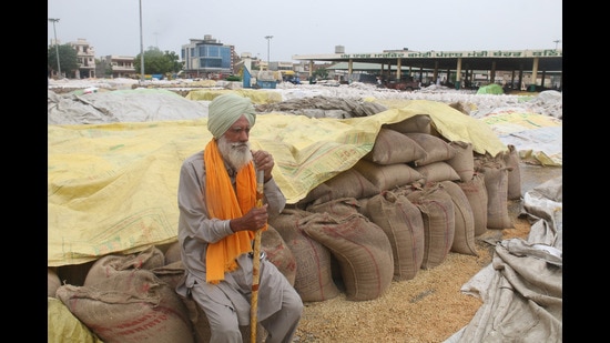 Bathinda,India-April20,2021:Farmer Jagdish Singh in Bathinda grain market. (Sanjeev Kumar/HT) Bathinda,India-April20,2021:Farmer Jagdish Singh in Bathinda grain market. (Sanjeev Kumar/HT)