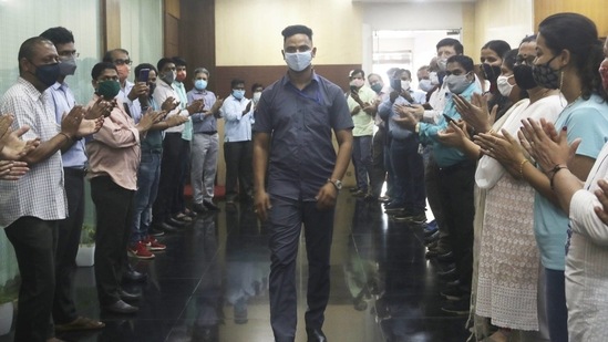 A pointsman in Mumbai Division of Central Railway, Mayur Shelke, who saved the life of a child at Vangani Railway Station being felicitated at CSMT, in Mumbai on Monday. (PTI Photo )