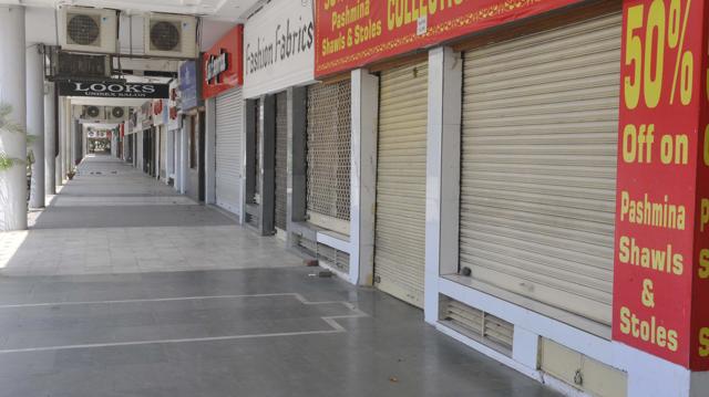 Shopkeepers kept their shutters down in Sector 17, Chandigarh.